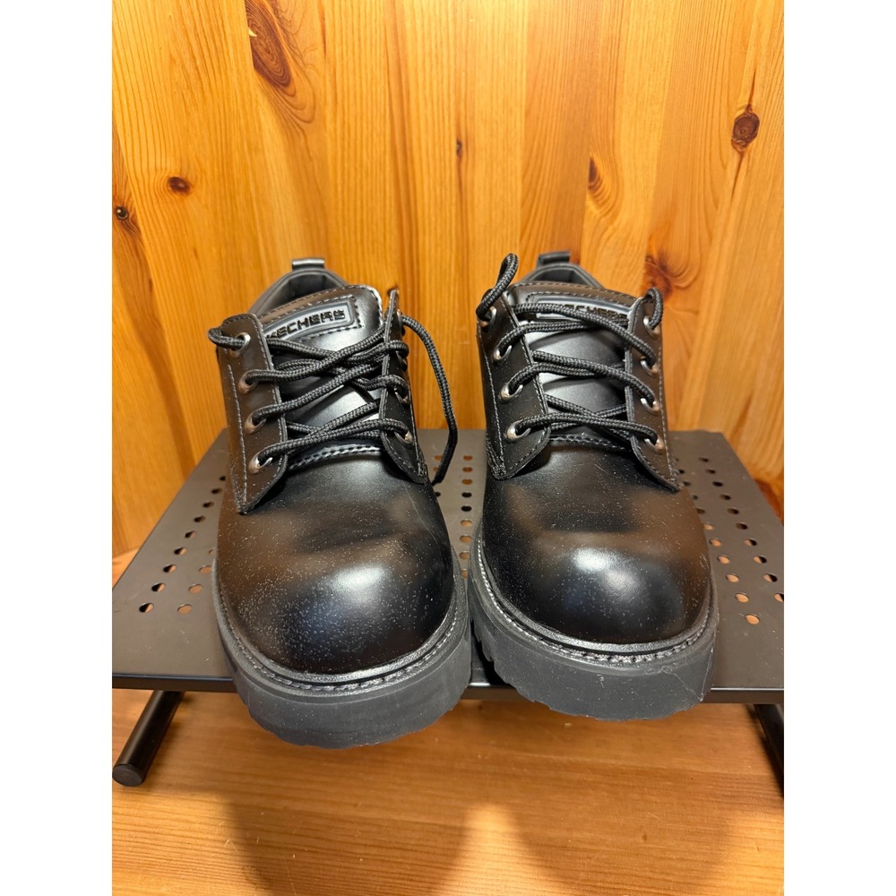 Skechers Men's Black Leather Lace Up Work Shoes Slip Resistant Lug Sole-10.5